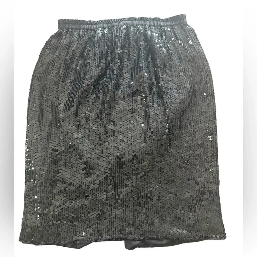 Vintage Albert Paul Black Sequin Silk Pencil Skirt Womens Sz M Knee Length Glam